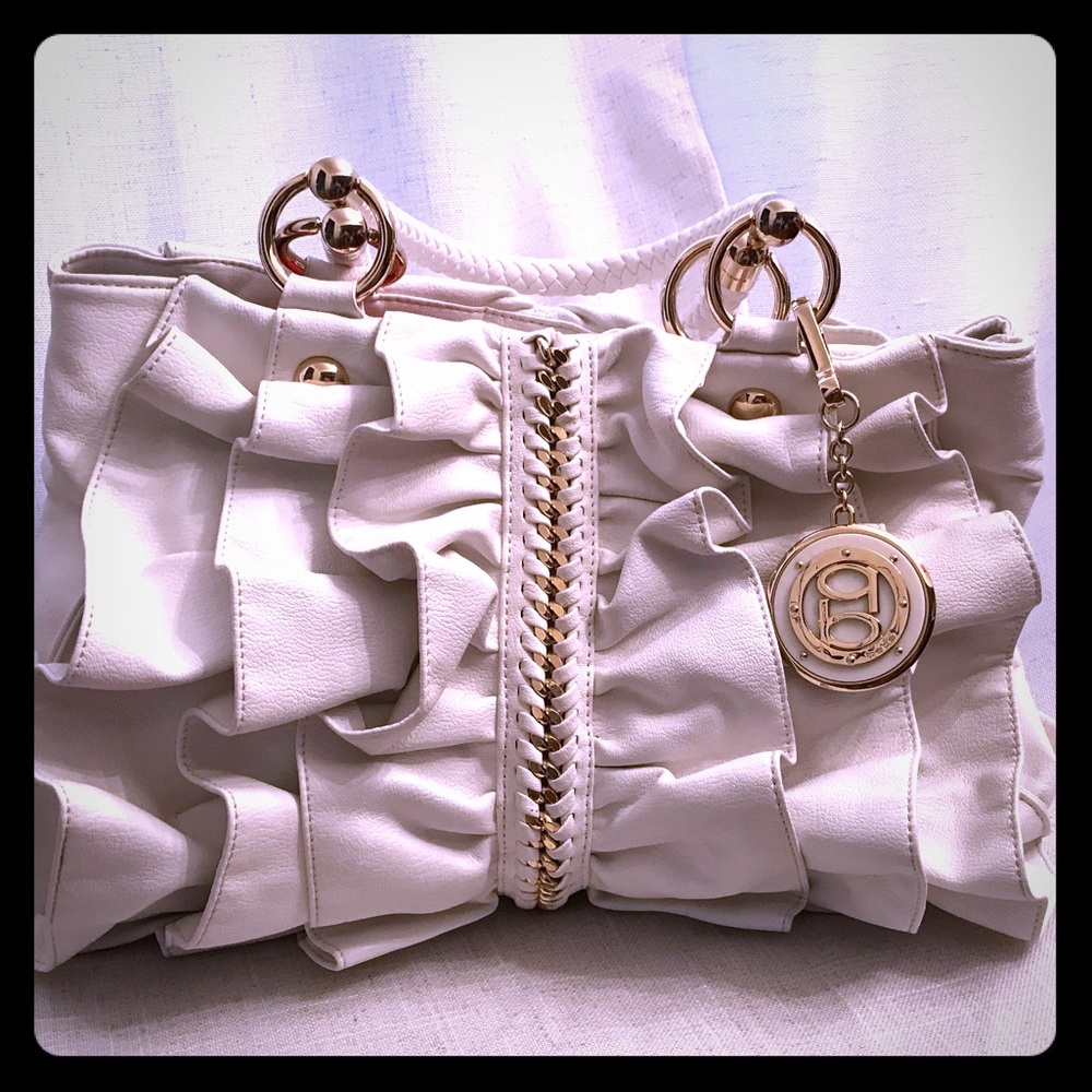 Authentic!! Bebe White/Gold Ruffle Handbag